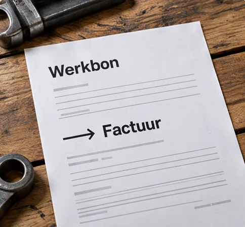 Een papieren werkbon met een pijl naar factuur op een werkbank.